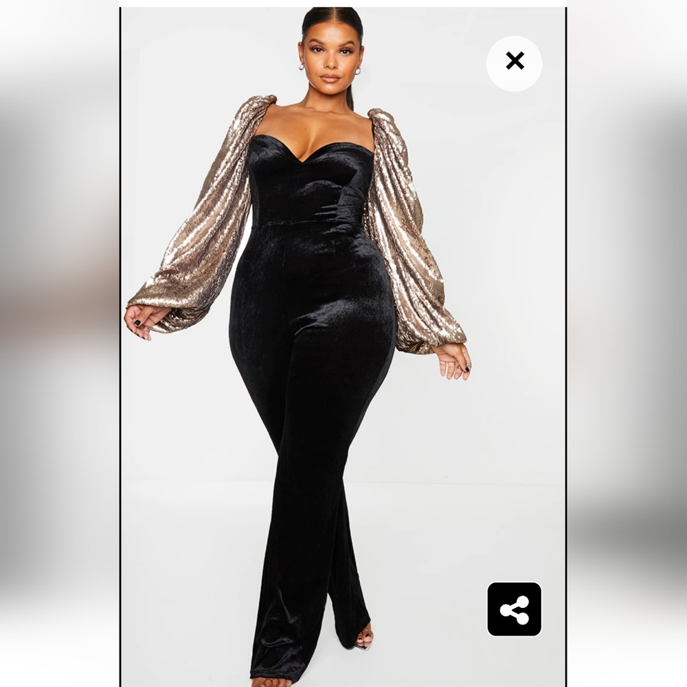 Plus Black Sequin Balloon Sleeve Velvet Jumpsuit